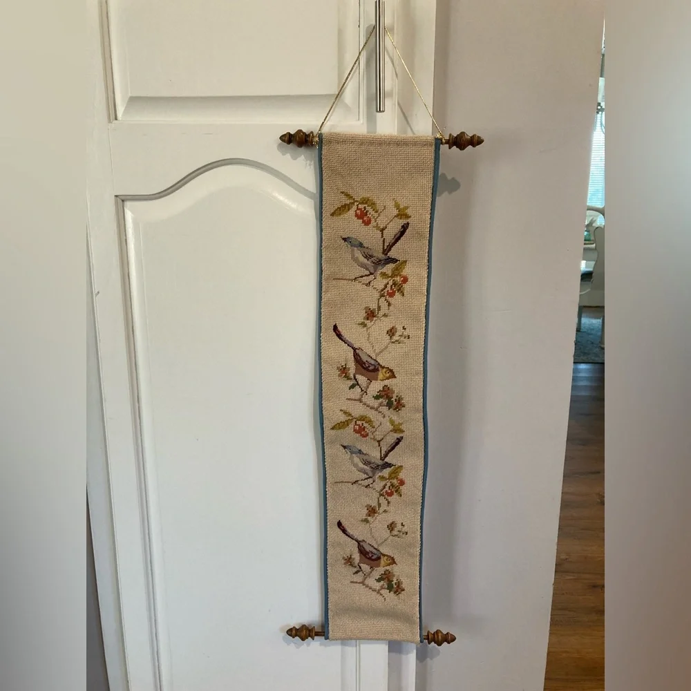 Vintage 29.5”x6” Handmade Needlepoint Bell Pull Birds & Flowers hanging Sign